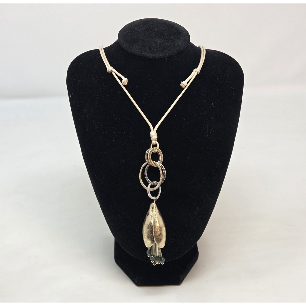 Boho Mixed Metal Leaf Pod Tassel Necklace Green Stone Beads Adjustable Cord
